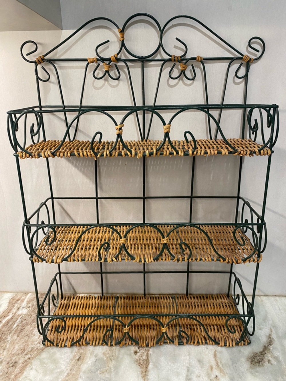 Vtg 3-Tier Metal Wicker Wall Shelf Boho Spice Rack